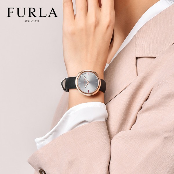 【预售】FURLA 芙拉优雅时尚玫瑰金黑色牛皮女士石英表黑色