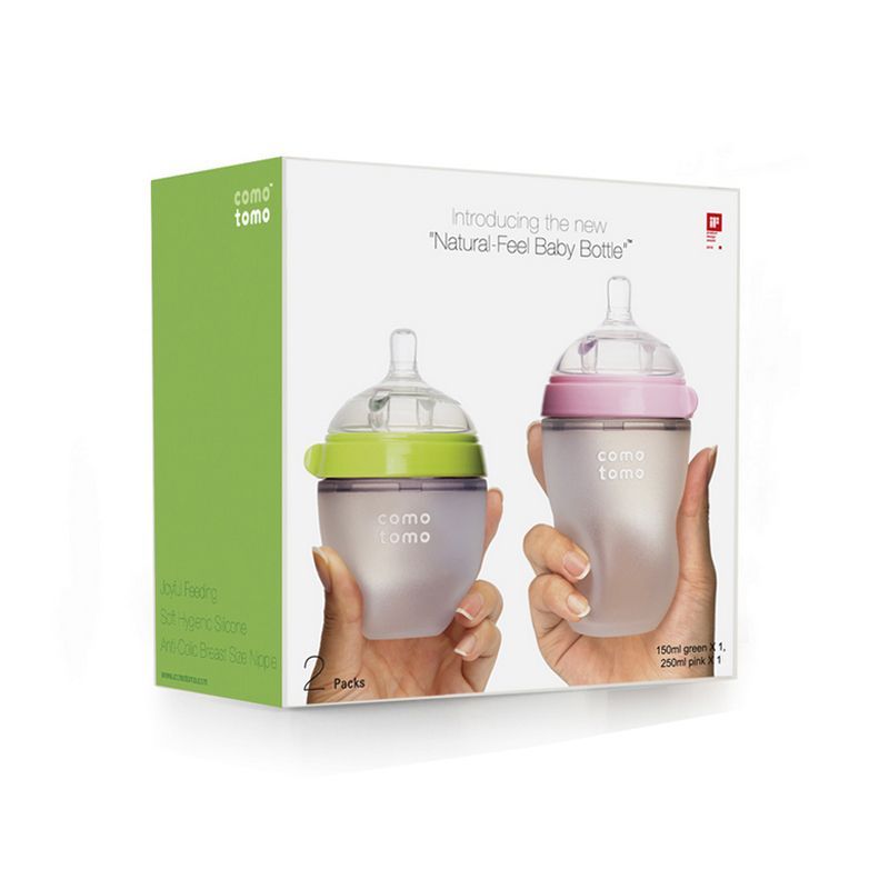 【跨境商品】comotomo 可么多么 防胀气宽口硅胶奶瓶 粉色250毫升+绿色150毫升 / 套
