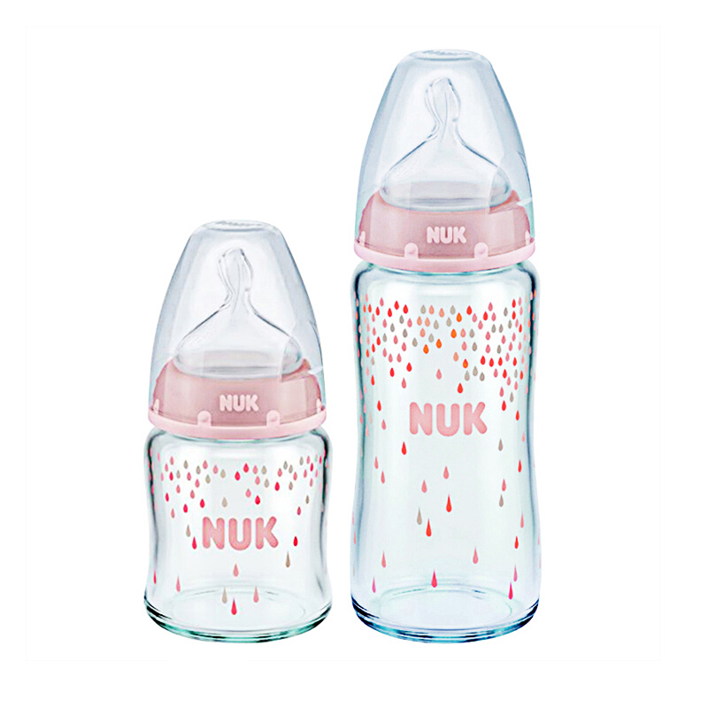 【跨境商品】德国NUK 宽口径硅胶奶嘴玻璃奶瓶120ml+240ml/套 颜色随机
